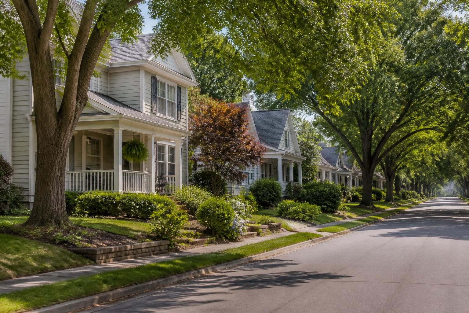 Tree-lined residential street with neat yards in Bethlehem.