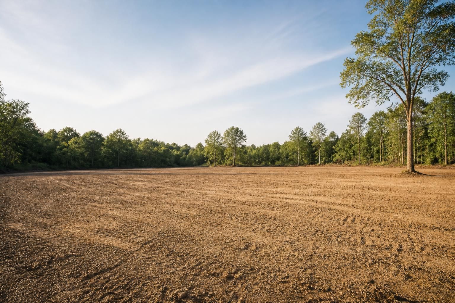 Open cleared land with level ground and space for future use.