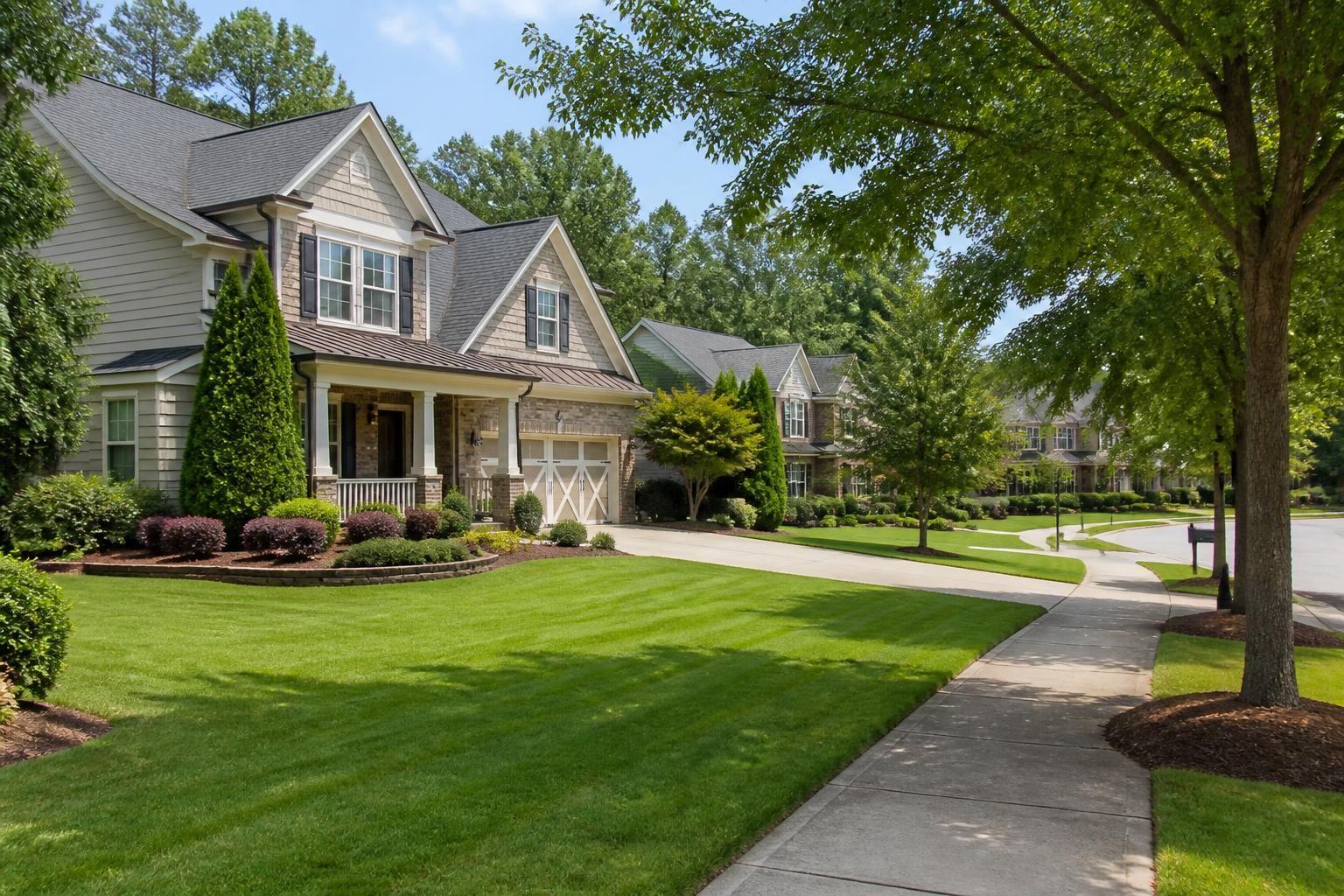 Well-kept suburban neighborhood with mature trees in Lawrenceville.