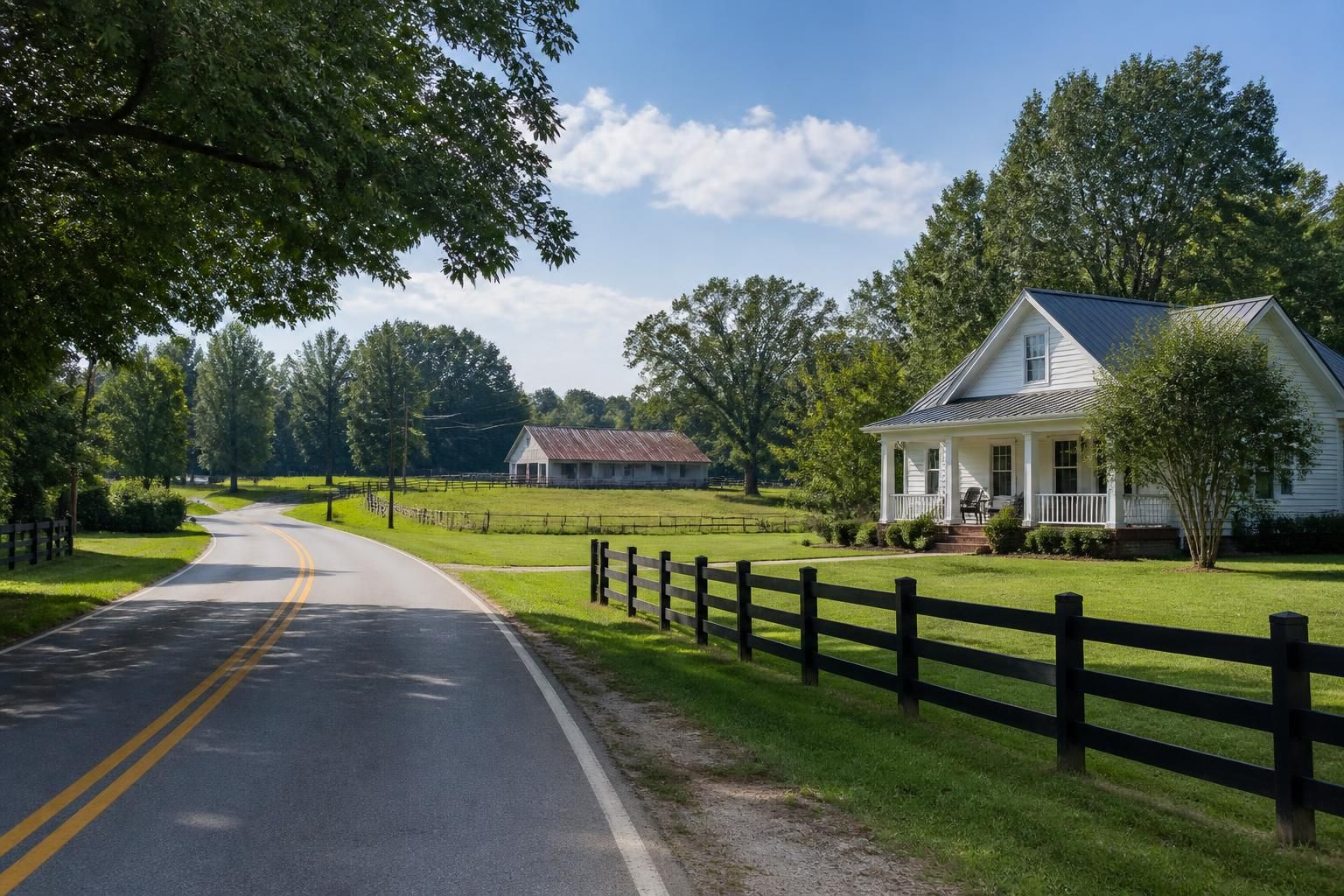 Country roadside homes with open yards in Maysville.