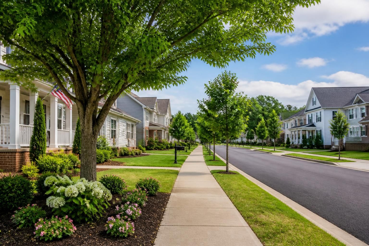 Clean suburban street with trimmed lawns in Winder.
